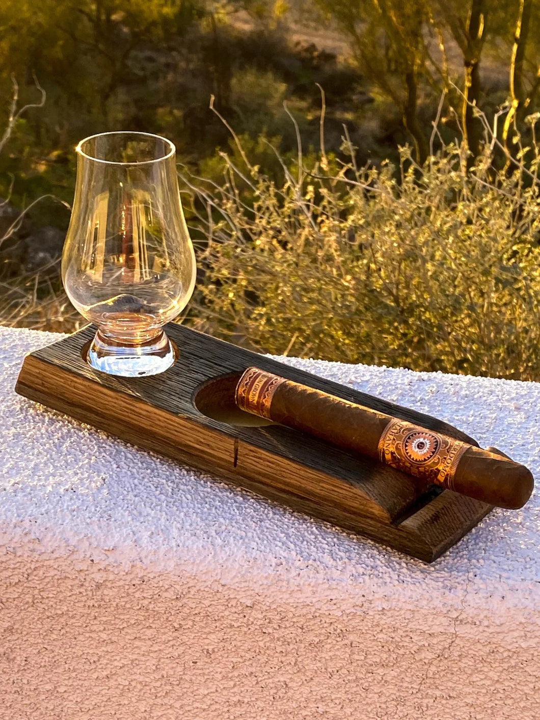 Whiskey Barrel Cigar Holder Ashtray with Glencairn Glass Holder